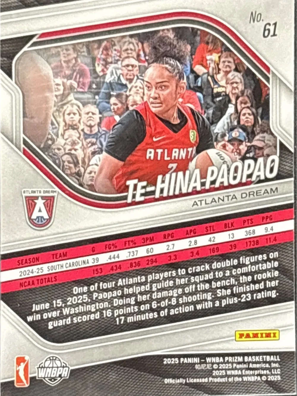 Panini Te-Hina Paopao Atlanta Dream Rookie Basketball Card